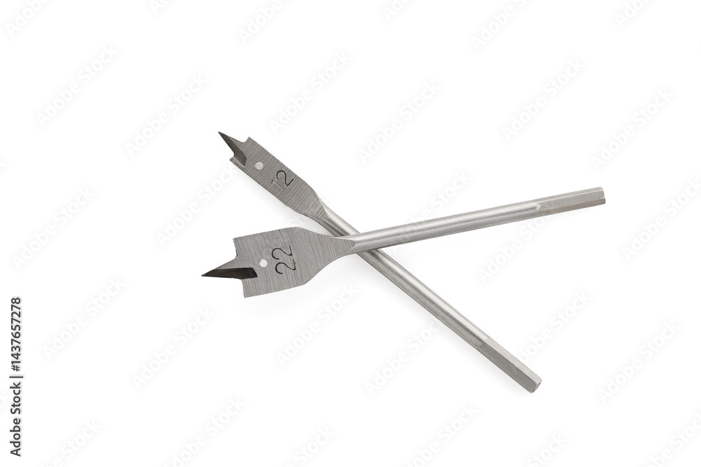 Feather wood drill bit isolated on white background. Spade drill. Carpenter's tools background. Feather wood drill bit isolated on white background. Spade drill. Carpenter's tools background.