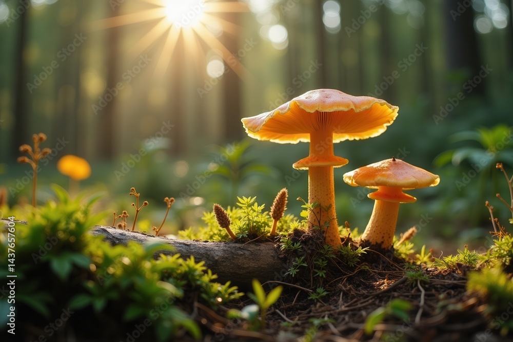Fototapeta premium Mushrooms in sunlight golden hour