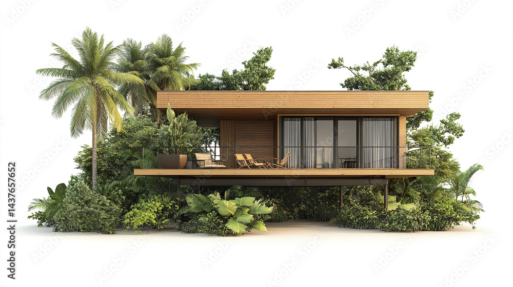 Fototapeta premium modern vacation home surrounded by lush greenery and tropical plants, offering serene escape
