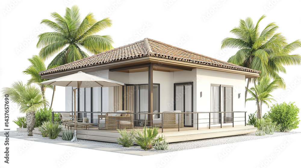 Fototapeta premium beautiful vacation home surrounded by palm trees and greenery, featuring spacious deck