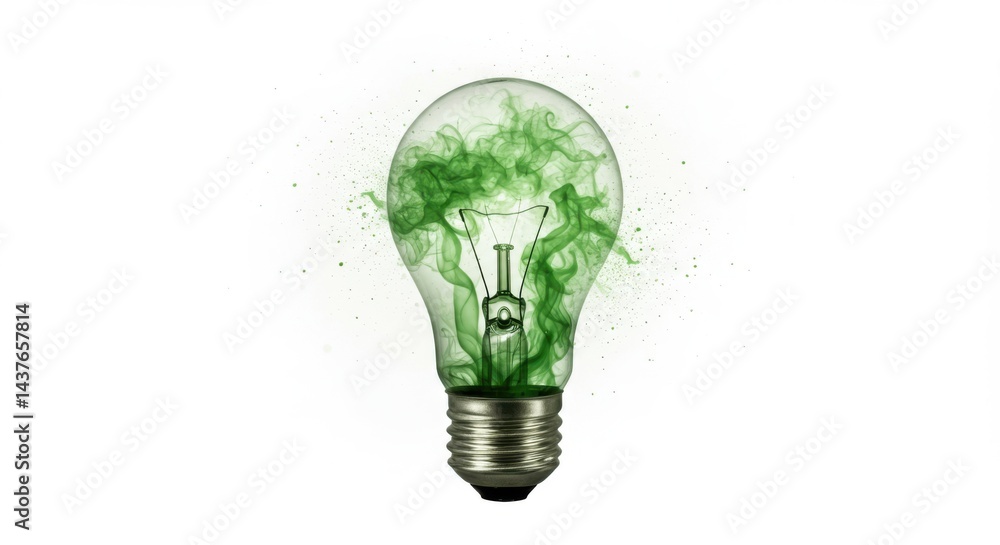 A lightbulb with green smoke inside on a white background representing green energy and innovation A lightbulb with green smoke inside on a white background representing green energy and innovation