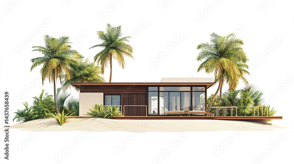 Fototapeta premium modern vacation home surrounded by tropical palm trees and lush greenery, exuding relaxation