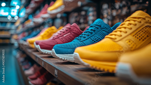 Colorful athletic shoes on display in a store.