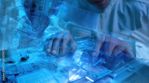 Wallpaper Mural Technician working on a transparent computer interface, exploring digital technology innovations Torontodigital.ca