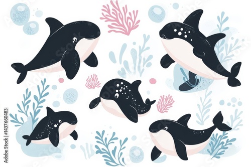 Cute and soft pattern illustration of marine animals, whales,  in there environment , isolated on white background