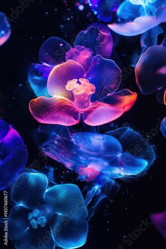 A scene of hypnotic bloomed flowers in electric, neon, bright colours on a black background