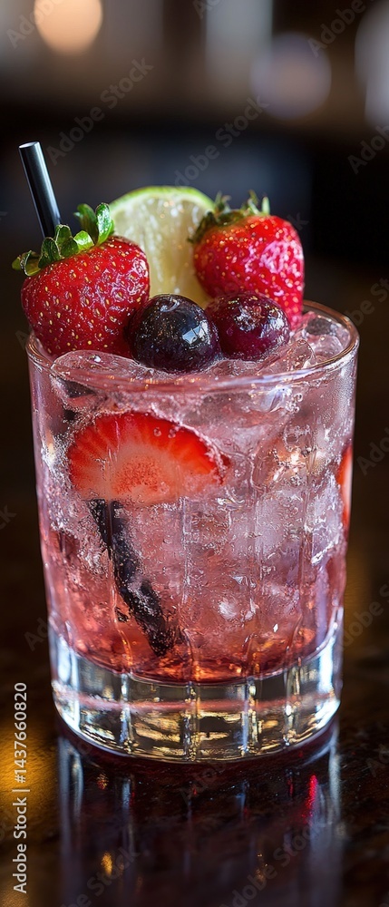 Refreshing cocktail with berries and lime in a glass with a straw. Refreshing cocktail with berries and lime in a glass with a straw.