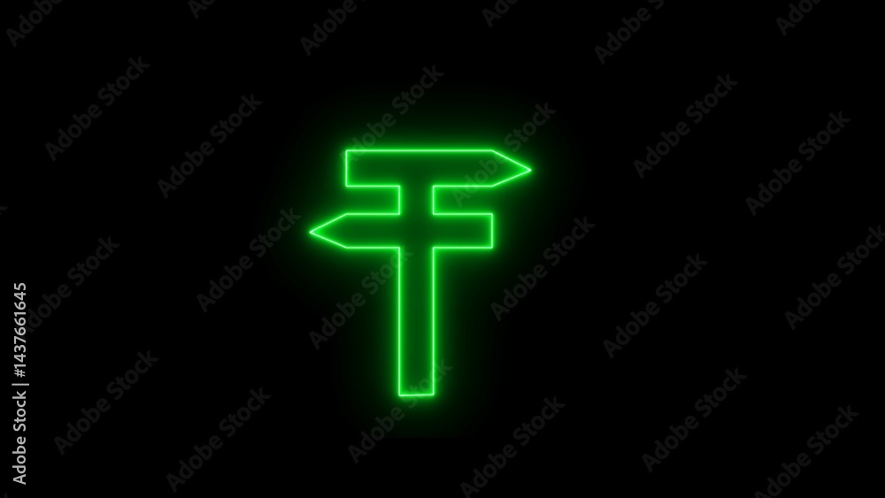 Neon road sign on black background. Minimalist signpost with blank directional arrows against bright black background. Neon road sign on black background. Minimalist signpost with blank directional arrows against bright black background.