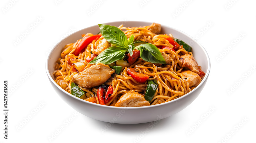 A bowl of noodles with chicken and vegetables A bowl of noodles with chicken and vegetables