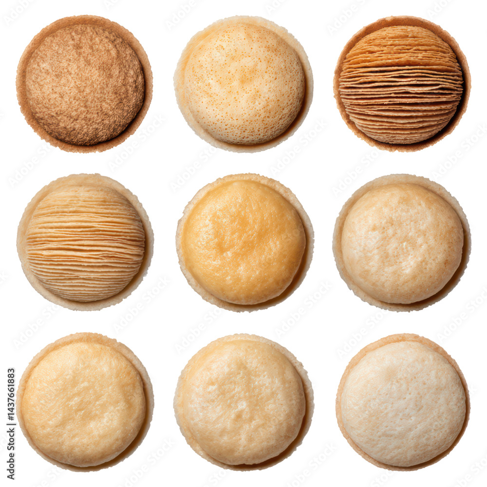 Variety of Textured Dough Circles on White Background, isolated on transparent background. Variety of Textured Dough Circles on White Background, isolated on transparent background.