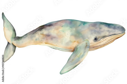 Illustration of a lone whale in different colours, diving in water, isolated on a white background 