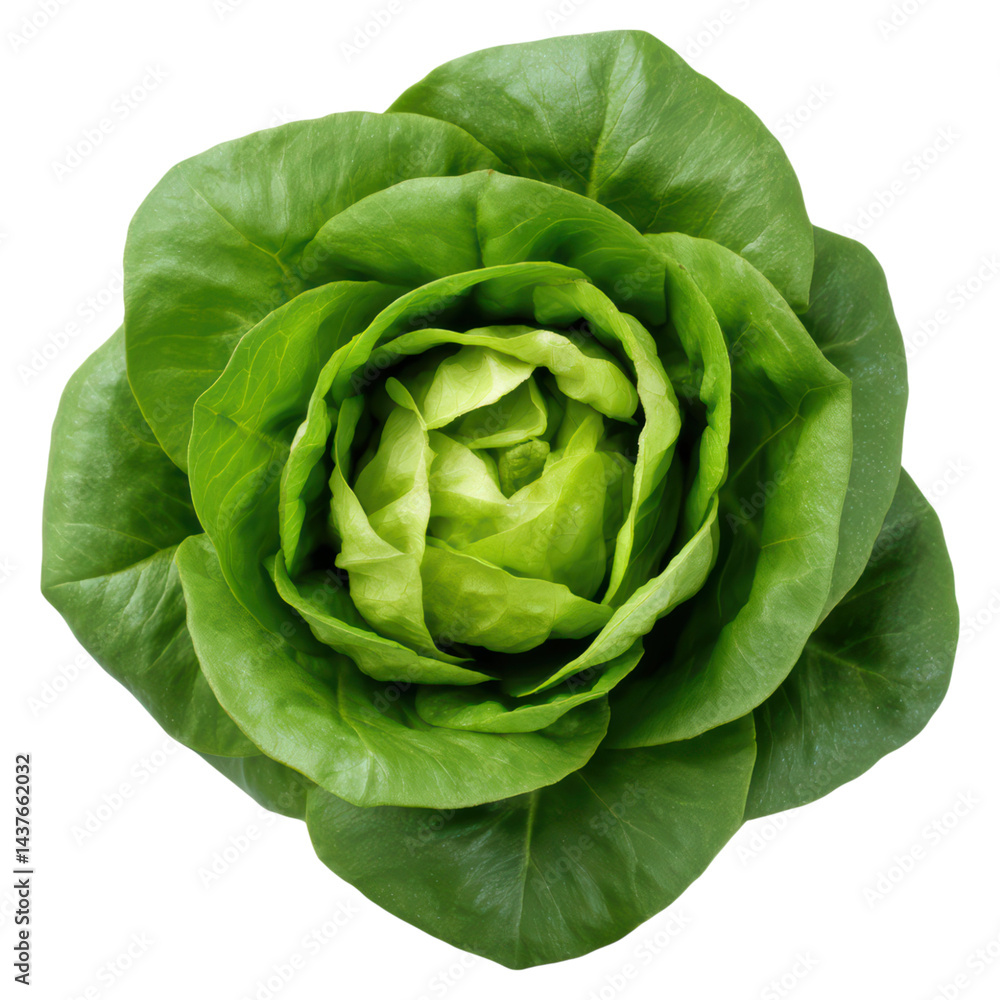 Fototapeta premium Fresh Green Lettuce with Beautiful Layered Leaves Close-Up, isolated on transparent background.