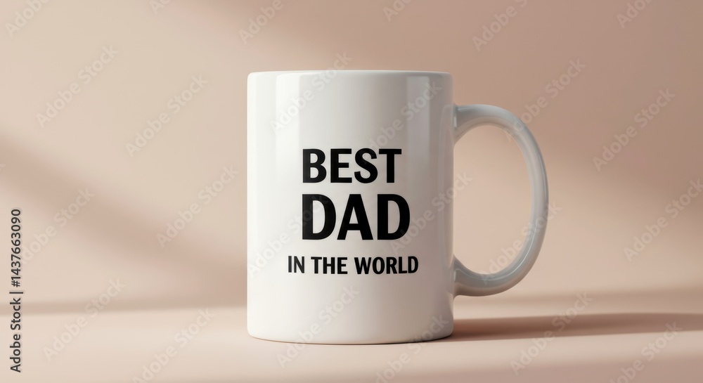White ceramic mug with text best dad in the world. Father's day gift concept. Present idea for him, holiday celebration. White ceramic mug with text best dad in the world. Father's day gift concept. Present idea for him, holiday celebration.