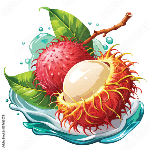 Rambutan fruit with leaves and splash