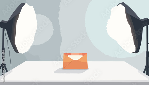 Envelope being photographed on a white table with reflectors, product display