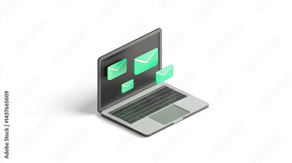 Minimal 3D Laptop with Email Icons on White Background Minimal 3D Laptop with Email Icons on White Background