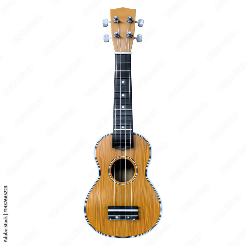 Fototapeta premium Wooden Ukulele with Six Strings on a White Background for Music Lovers, isolated on transparent background.
