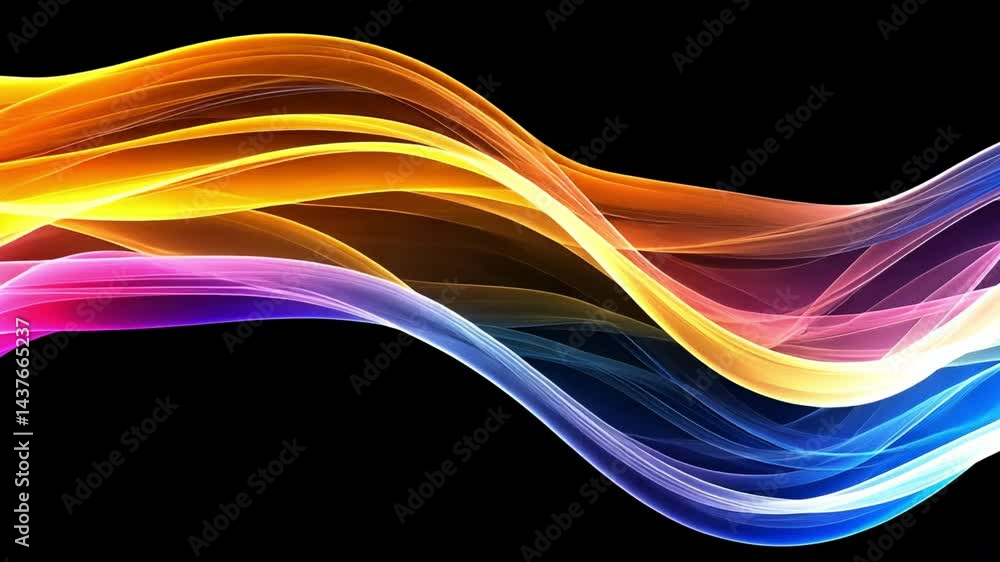 Vibrant abstract waves of colorful light flow gracefully across black background, showcasing dynamic movement and energy through blend of hues, evoking creativity and fluid design. Vibrant abstract waves of colorful light flow gracefully across black background, showcasing dynamic movement and energy through blend of hues, evoking creativity and fluid design.