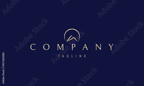 Vector golden logo with abstract image of mountains at sunrise in linear style.