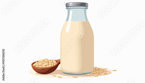 Homemade oat milk in glass jar with oats, natural ingredients
