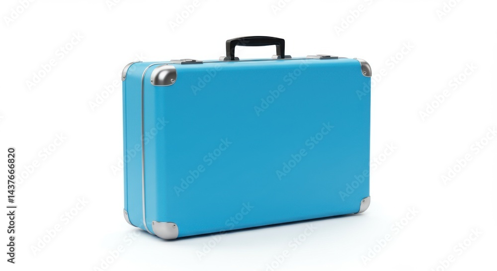 A turquoise suitcase with a black handle and silver corner protectors on a white background surface A turquoise suitcase with a black handle and silver corner protectors on a white background surface