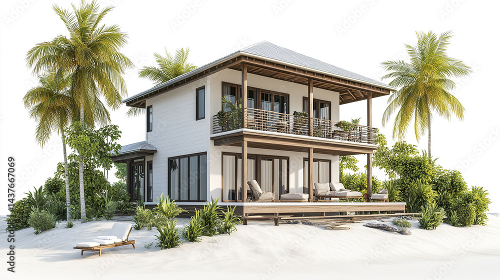 Fototapeta premium beautiful vacation home surrounded by palm trees and lush greenery, perfect for relaxation