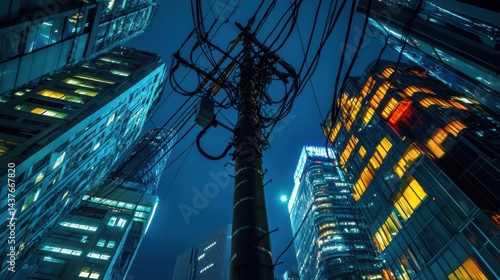 Night cityscape in Japan featuring a tall telephone pole with sagging cables surrounded by brightly illuminated office towers.
