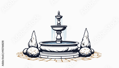Elegant garden fountain with flowing water, serene landscape