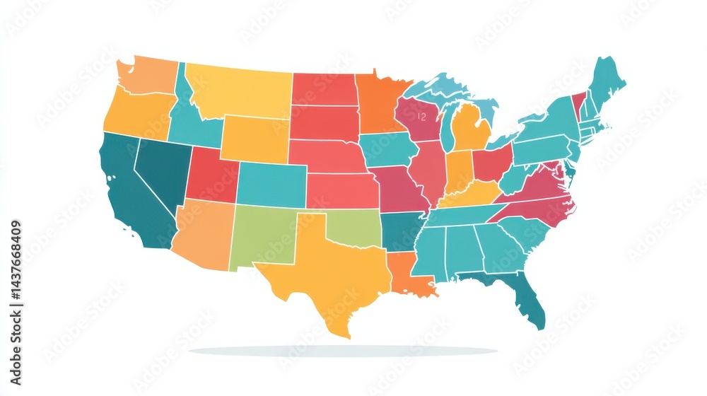 Obraz premium Illustrated Map of the United States with Vibrant Colors and Distinct Regions for Education