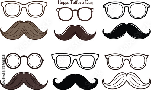 Father’s Day Moustache and Glasses Icon Set – Flat Vector Celebration Bundle