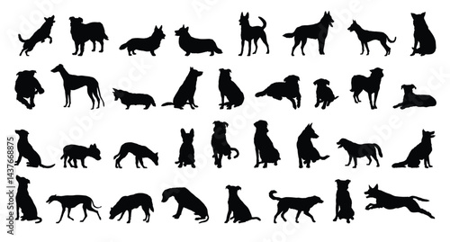 dog and puppy silhouette set. dog and puppy different breed. greyhound, pug, shepherd, French bulldog and others isolated farm animal silhouette icon vector collection