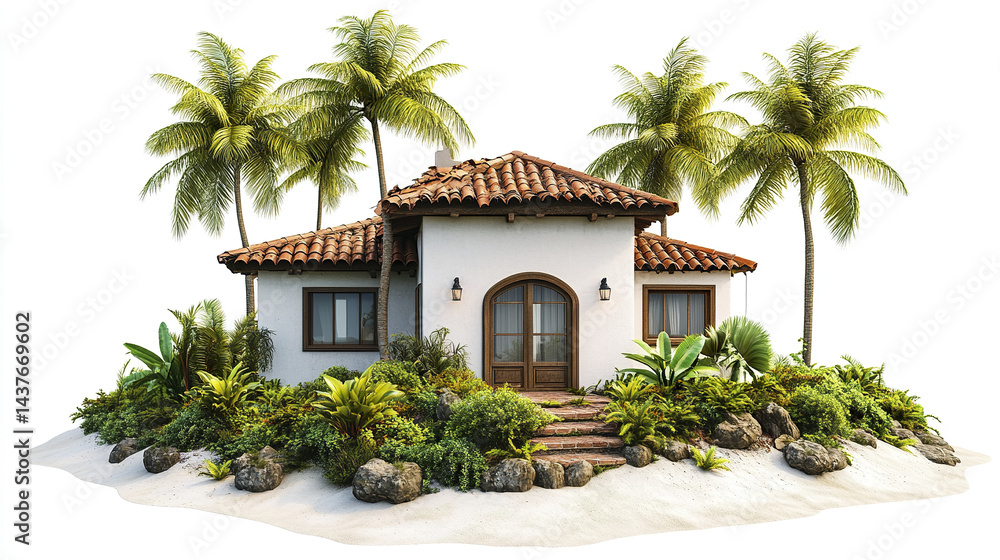 Fototapeta premium charming vacation home surrounded by lush greenery and palm trees, perfect for relaxation