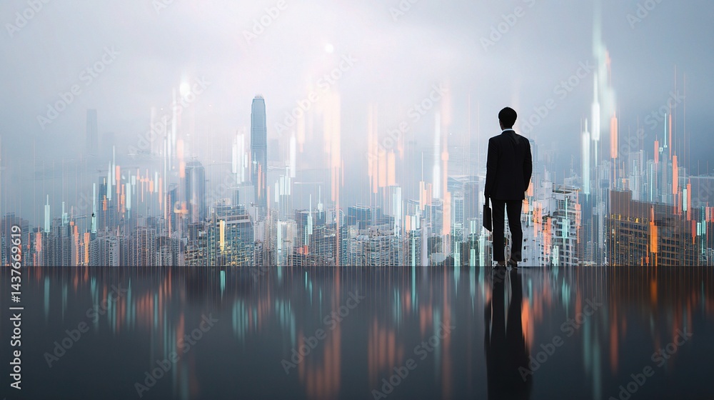 Businessman Overlooking Hong Kong Skyline with Financial Charts Businessman Overlooking Hong Kong Skyline with Financial Charts