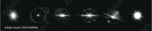 A digital CGI sequence of five white, star-like lights popping against a pitch-black backdrop. Each light bursts into a different shape and size, with trails and rays shooting out