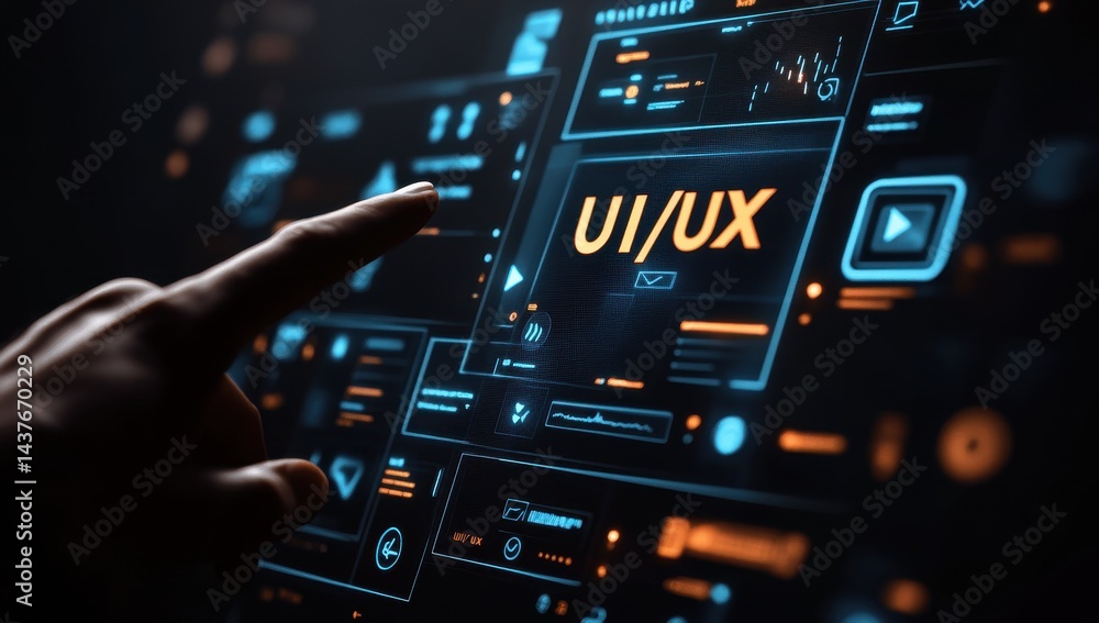 Interactive user interface design. A hand interacts with a digital display showcasing UI/UX elements. Detailed graphic interface with various elements Interactive user interface design. A hand interacts with a digital display showcasing UI/UX elements. Detailed graphic interface with various elements
