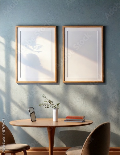 Bright and Airy Workspace with Two Blank Wooden Frames on a Textured Blue Wall Above a Round Table with a Tablet, Books, and Plant in Sunlight- Mockup