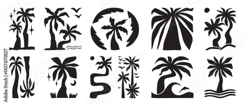 Doodle hand drawn palms boho trendy bold silhouette elements, hippie palm tree poster icon set