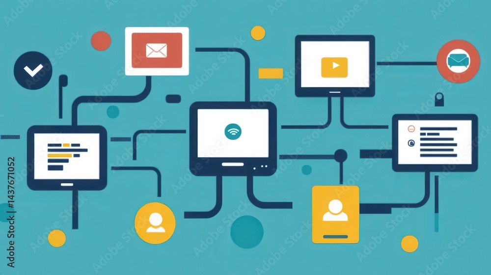 Modern Technology Connection Concept with Devices and Communication Icons on a Teal Background Modern Technology Connection Concept with Devices and Communication Icons on a Teal Background