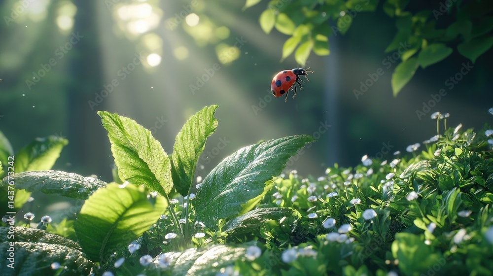Delicate Ladybug Flying Among Green Leaves in Sunlit Nature Scene Delicate Ladybug Flying Among Green Leaves in Sunlit Nature Scene