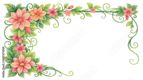 Decorative corner creeper and flower frame watercolor 