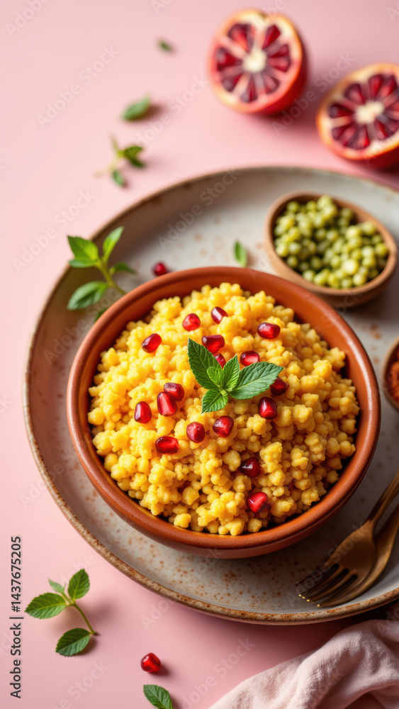 A bowl of golden rice with a garnish of pomegranate seeds on top, set against a pink background with additional fruit and herbs. A bowl of golden rice with a garnish of pomegranate seeds on top, set against a pink background with additional fruit and herbs.