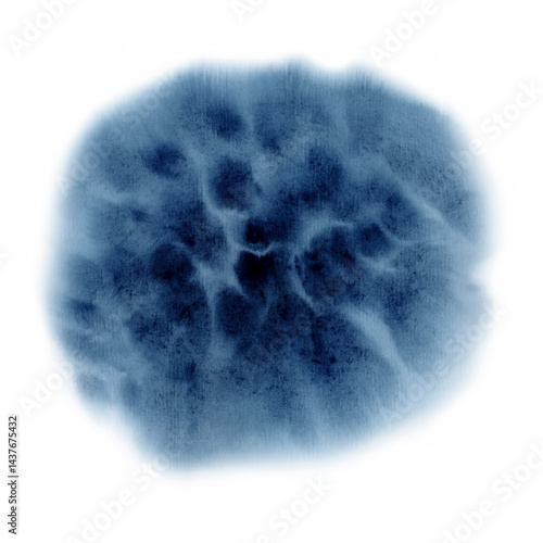 Watercolor or ink indigo color blot or spot texture. Wet stains fluid. Abstract hand painting fluidity smudge background isolated on white. Dark matter or portal fantastic planet, space or universe