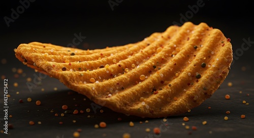 Ultra HD, hyper-realistic, 32K pixels, cinematic Ruffles All Dressed chip  with multi-flavored seasoning visible in a dark, moody setting.