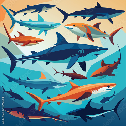"Dynamic Shark Silhouette Collection Featuring Great White, Hammerhead, and Ocean Wildlife Scenes Vector Illustration"