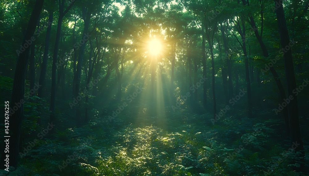 Obraz premium Sunbeams pierce misty forest, illuminating path