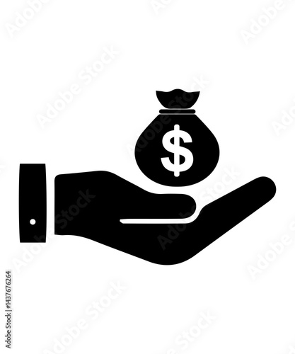 Minimalist black silhouette of a hand holding a dollar money bag, 