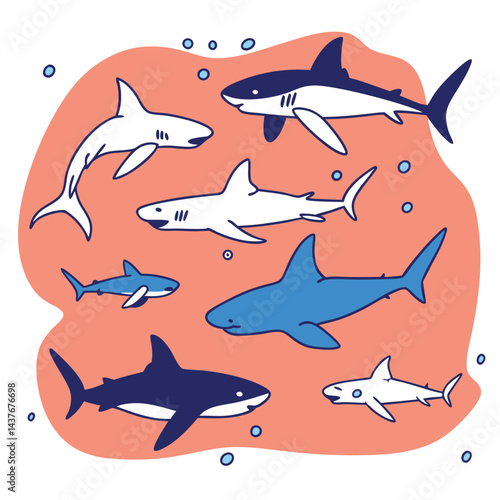 "Dynamic Shark Silhouette Collection Featuring Great White, Hammerhead, and Ocean Wildlife Scenes Vector Illustration"