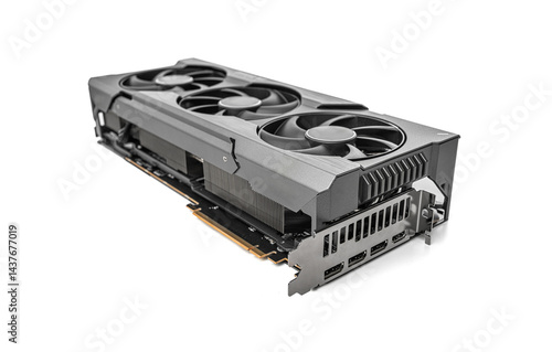 A high-end graphics card featuring a triple-fan cooling system and a robust heatsink design for optimal performance in gaming and professional applications.