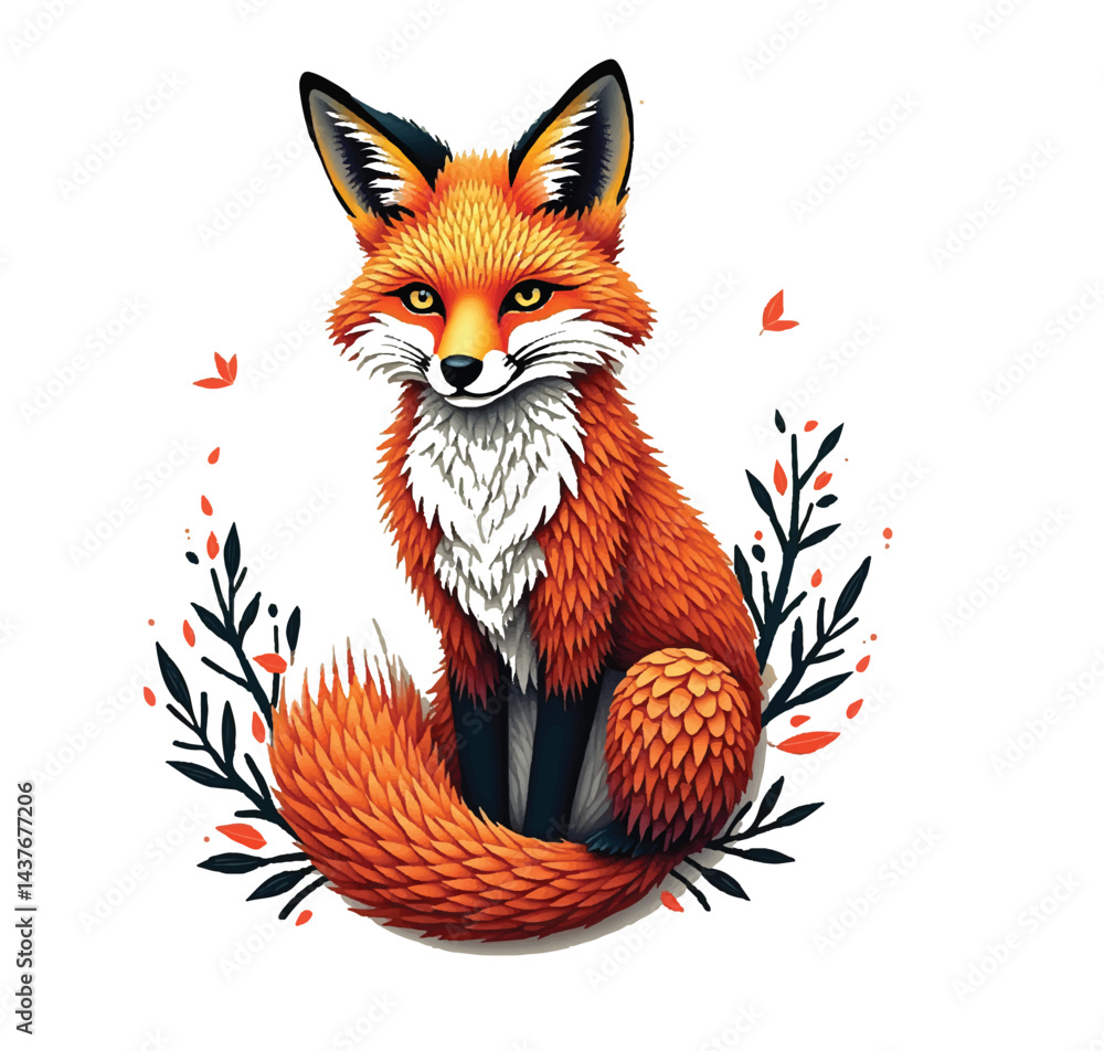 Obraz premium A stunning and highly detailed illustration of a majestic red fox, sitting gracefully with a fluffy, vibrant orange tail curled around its body. The fox’s fur is intricately textured with layered