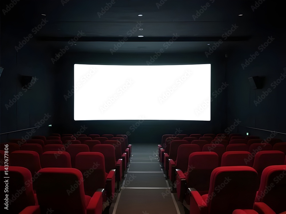 wide angle movie theater interior with red seats and large white screen in dark cinematic setting wide angle movie theater interior with red seats and large white screen in dark cinematic setting